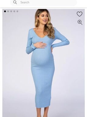 PinkBlush, Hera Light Blue V-Neck Long Sleeve Fitted Maternity Maxi Dress; M